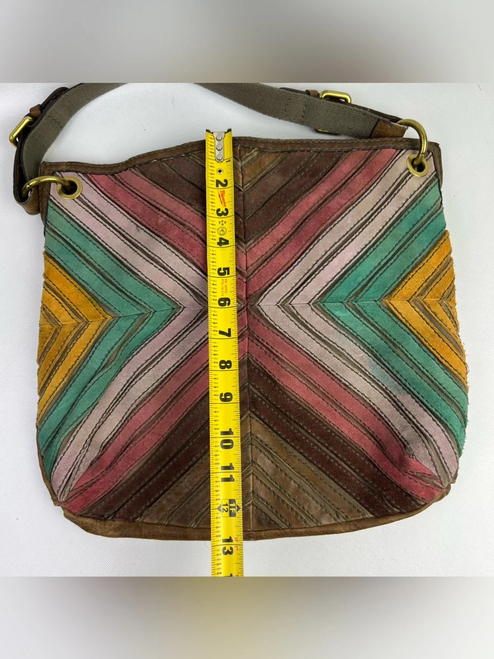 Vintage Fossil Y2K Crossbody Bag Boho Chevron Leather Suede Purse